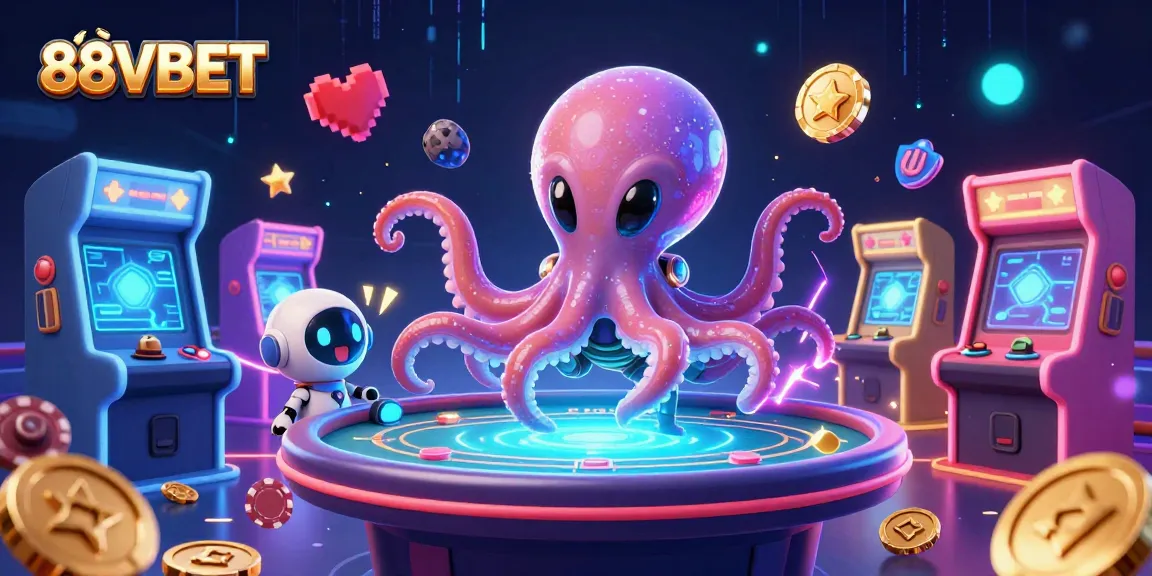 Experience gaming thrills at 88VBET with an alien octopus dealer at a poker table, surrounded by vibrant casino elements.