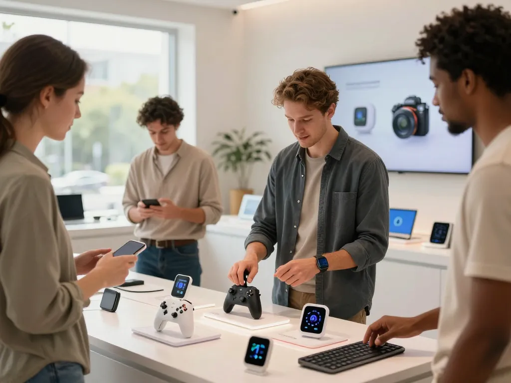 Engaging scene of individuals exploring unique tech gadgets, including Bluetooth devices, in a modern tech showroom.
