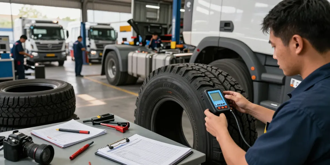 Technicians evaluating Double Coin RR99 tires at a busy service center, ensuring quality and performance standards.
