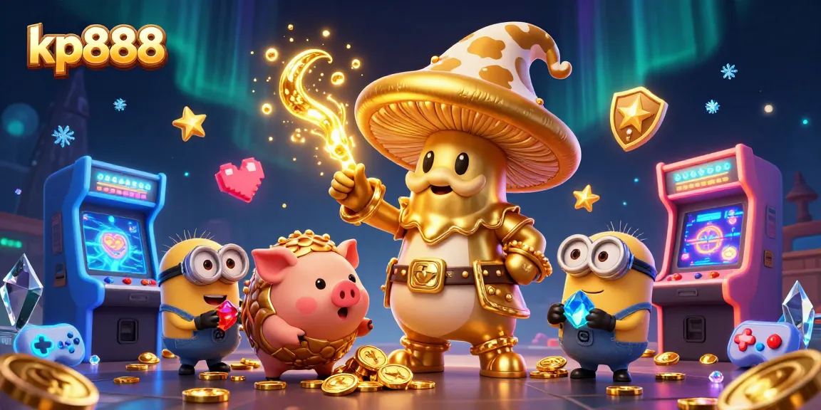 Experience the magic of kp888 with a golden mushroom wizard and treasure-hunting characters.