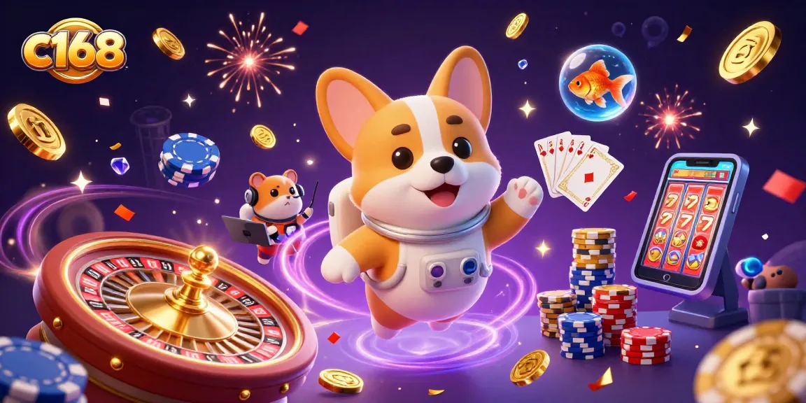 Experience thrilling fun at c168 with a vibrant space casino scene featuring a clever astronaut corgi.
