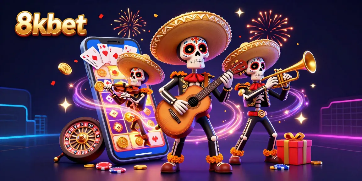Join the 8kbet celebration with vibrant 3D mariachi skeletons and casino elements for an immersive gaming experience.
