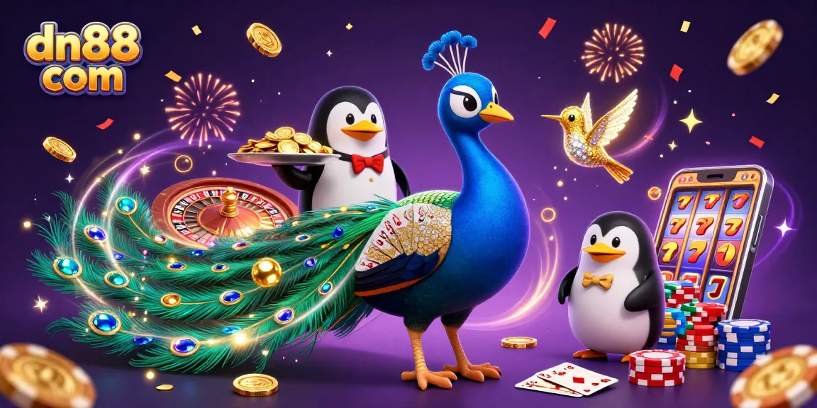 Experience the thrill of dn88 com with a vibrant casino scene featuring a majestic peacock and playful characters surrounded by festive gaming elements.