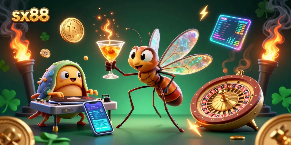 SX88 casino mascot frozen-in-amber joins a trilobite DJ and ammonite roulette wheel in vibrant illustration.