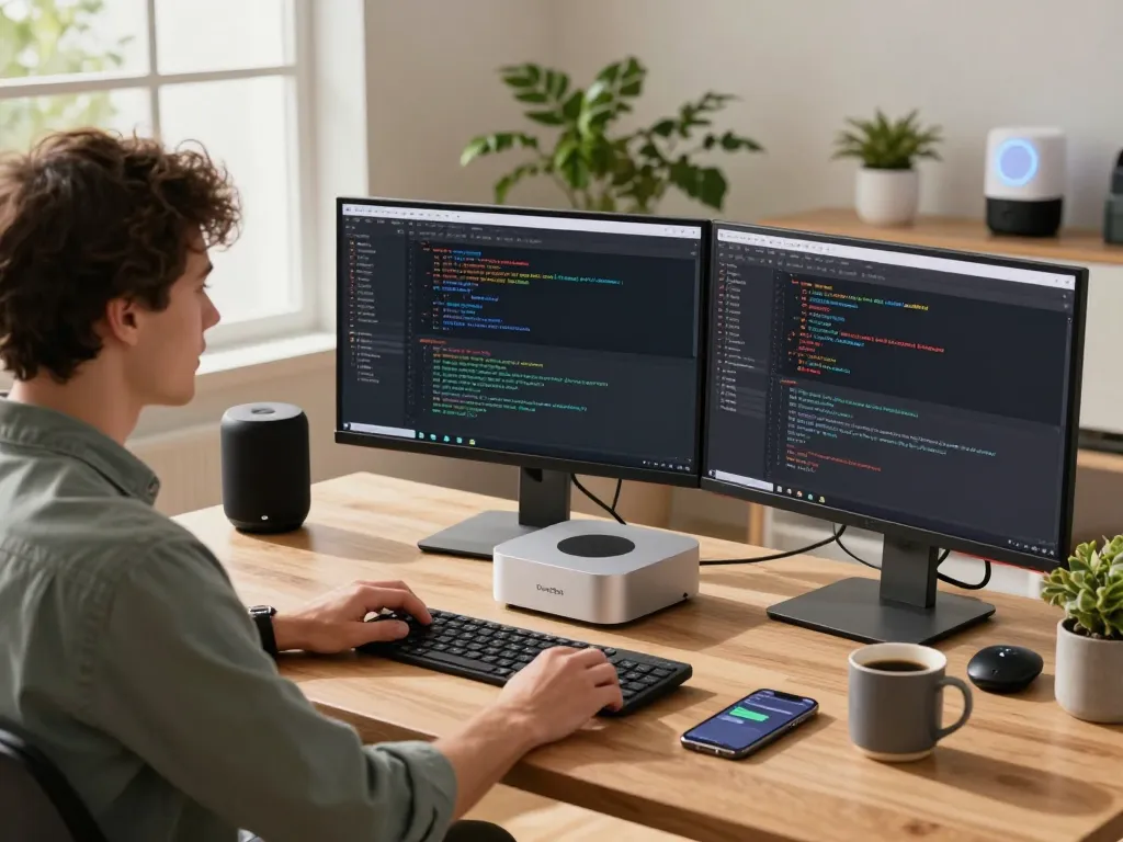 Developer setting up ClawdBot on a Mac Mini amidst a modern tech workspace with dual monitors and smart devices.