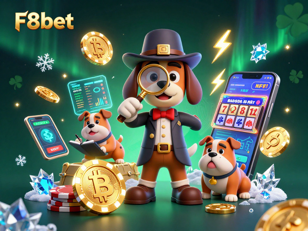 Uncover F8bet winning strategies with a detective-themed illustration exploring poker chips and crypto.