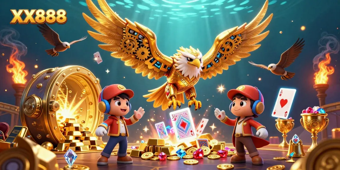 Experience the thrill of XX888 with a cybernetic eagle soaring through dynamic casino treasures.