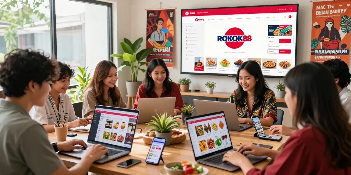 Engaging e-commerce scene with users browsing rokok88 slot login products on laptops and smartphones, showcasing vibrant local culture.