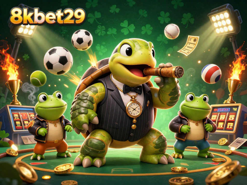Engage with thrilling moments at 8kbet29, showcasing dynamic cartoon characters amidst an action-packed casino scene.