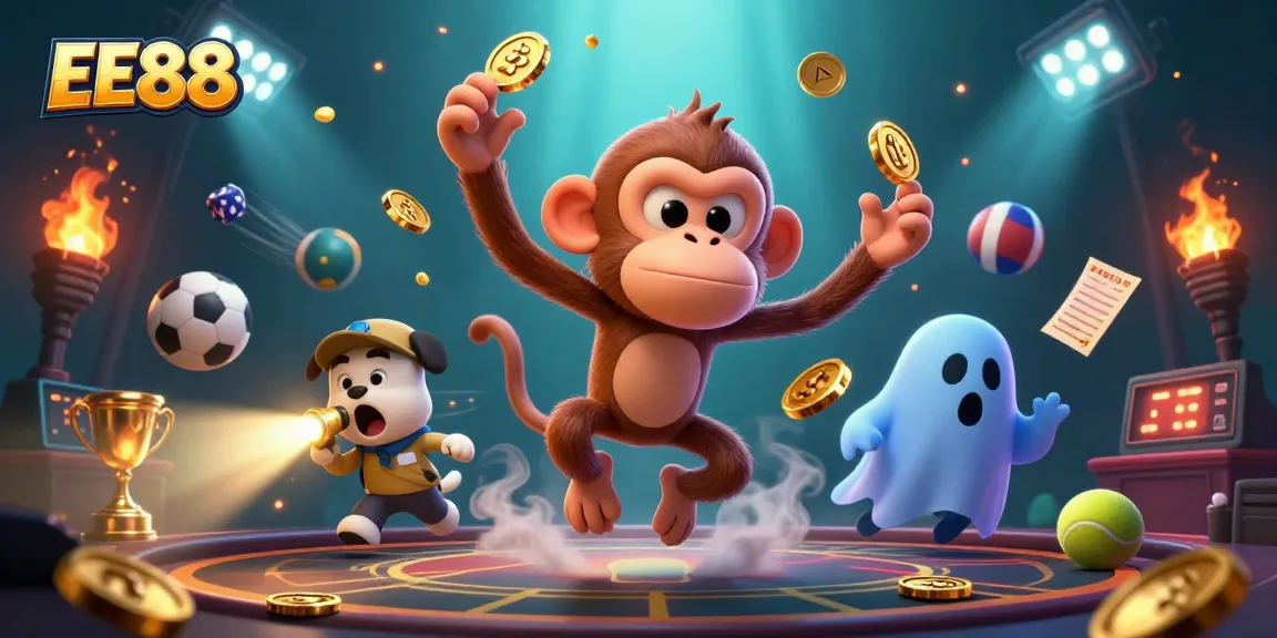 Engage with EE88 as the mischievous monkey juggles golden treasures in a vibrant casino.