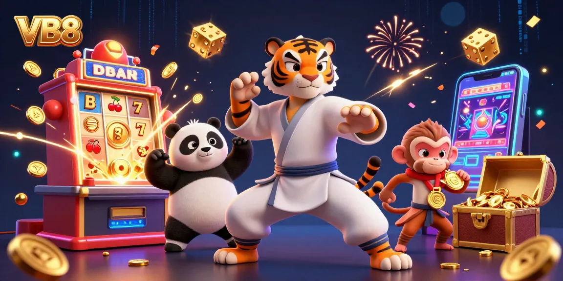 Explore thrilling VB8 slot action with a masterful tiger and exciting game elements showcasing jackpots and casino fun.