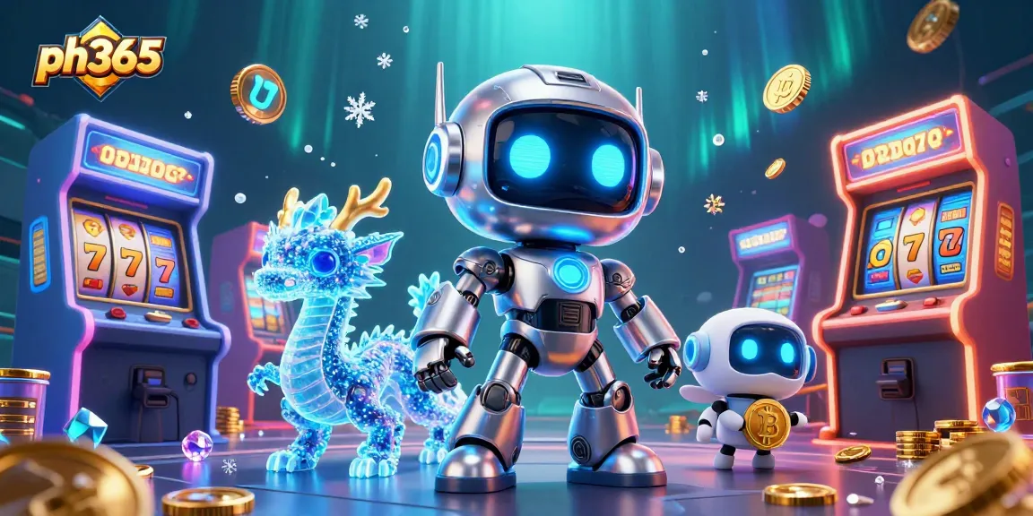 Play exciting casino games at ph365 with a vibrant illustration of a cyberpunk robot and gaming elements.