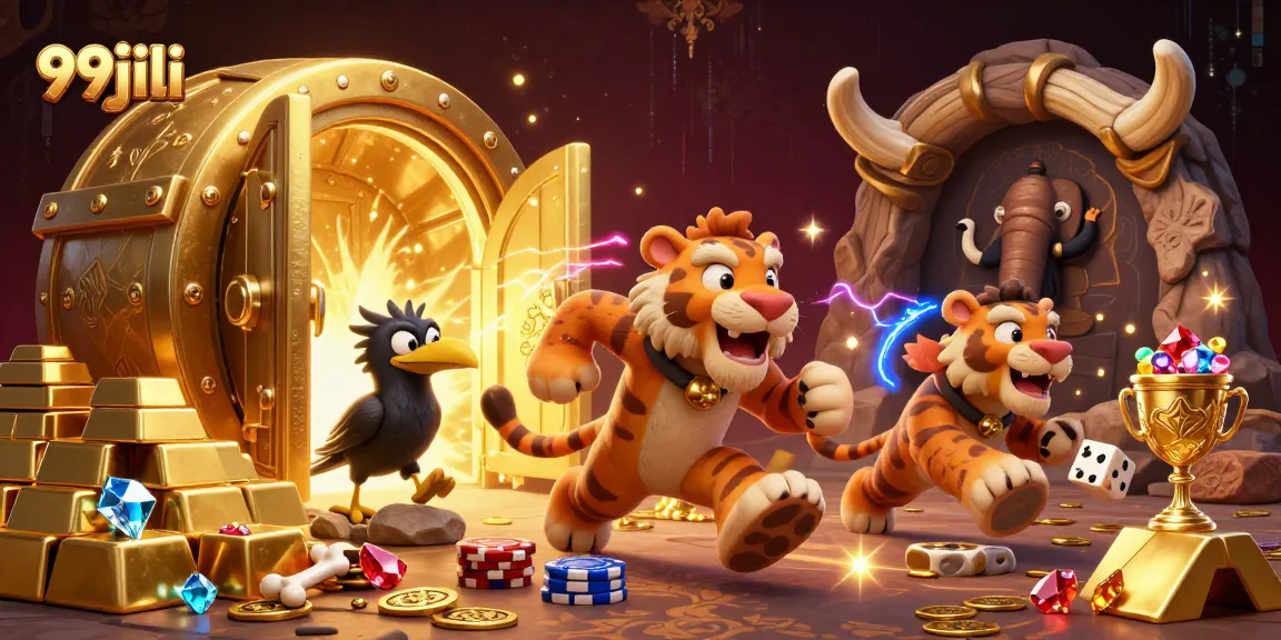 99jili invites players into a vibrant prehistoric casino with lively characters and treasure.