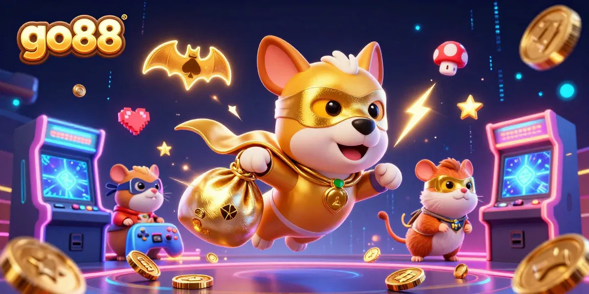 Experience go88's thrilling games with our superhero dog and colorful 3D arcade elements.