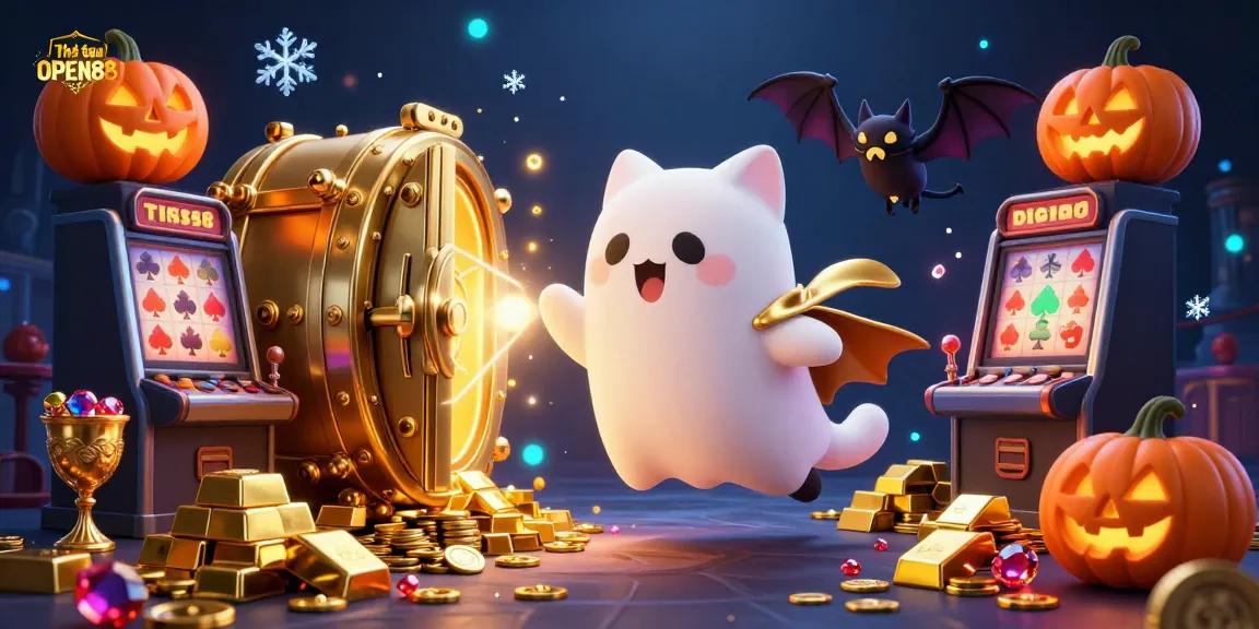 Experience the excitement of Thể thao OPEN88 with a lively ghostly cat and bat duo amidst riches in a haunted casino.