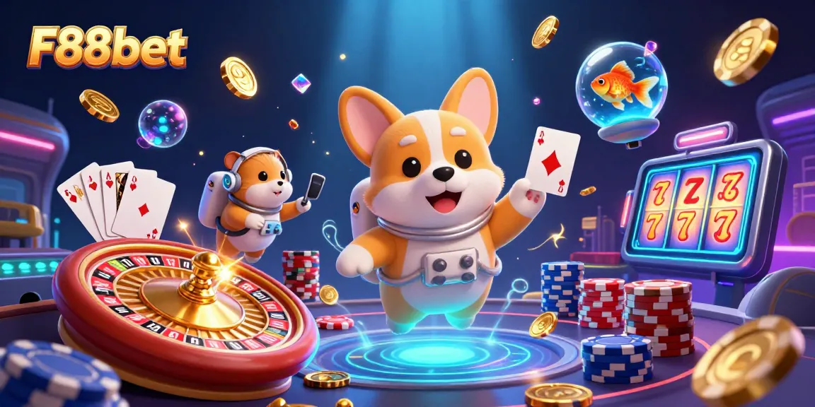 A dynamic representation of F88bet featuring an astronaut corgi and a hamster in a space casino setting.