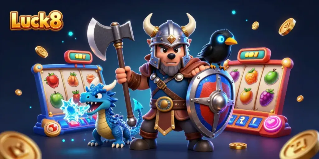 Engage with the thrilling Luck8 casino experience featuring Viking warriors, dragons, and slot games.
