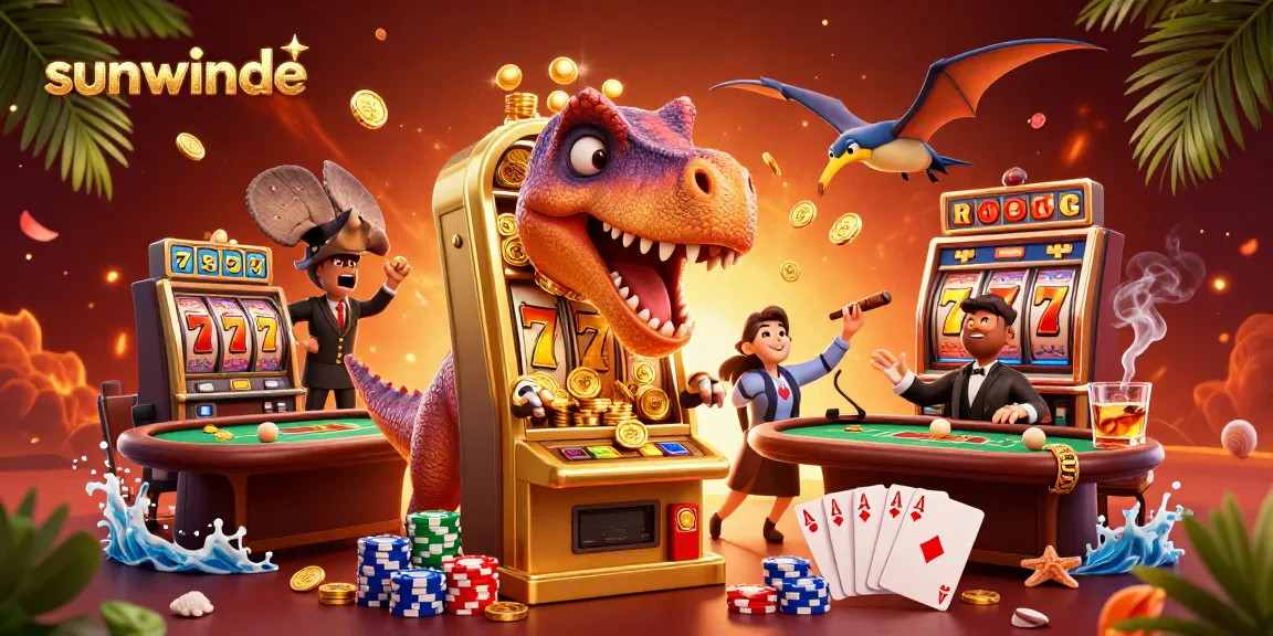 Experience jackpot thrills with sunwinde as prehistoric creatures engage in lively casino activities.