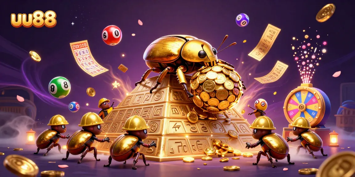 Experience the thrill of uu88 gaming with a golden beetle and vibrant lottery elements.