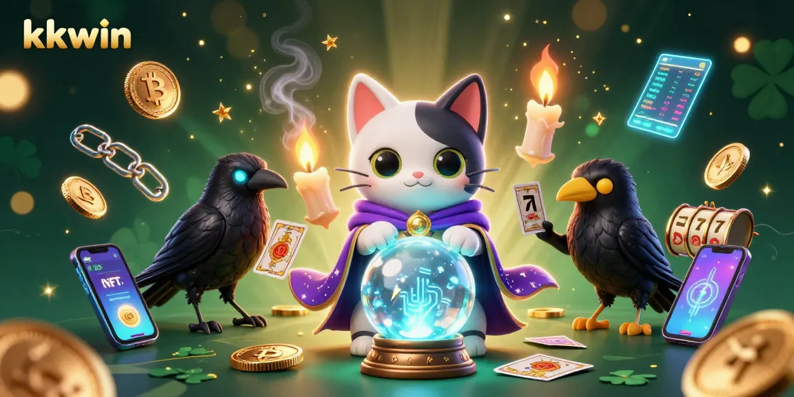 Engage with exciting kkwin casino adventures showcasing a fortune teller cat and glowing raven.