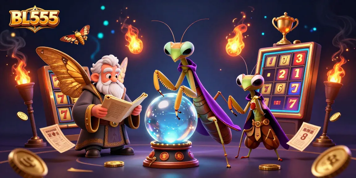 Play slots at BL555 with a cartoon praying mantis fortune teller and lucky symbols in an engaging atmosphere.