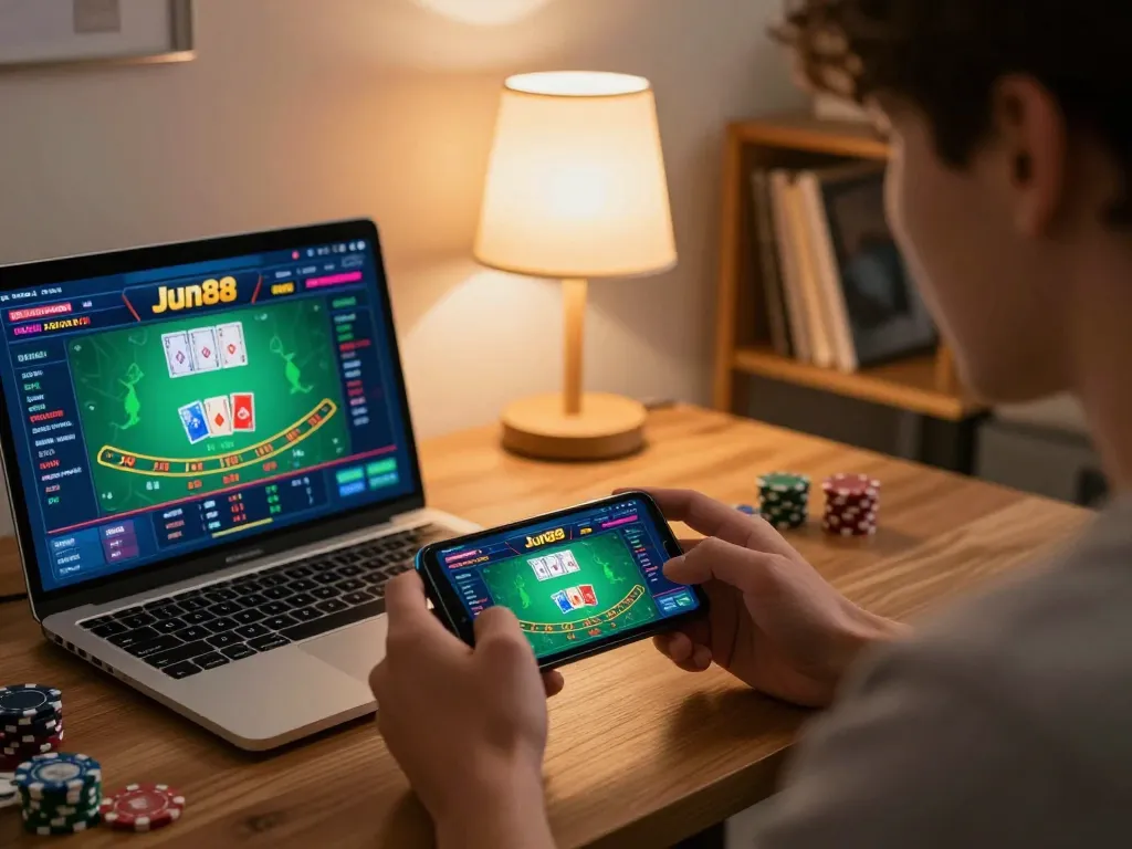 Engaging user experiencing a thrilling game on the Jun88 app while using strategic betting methods.