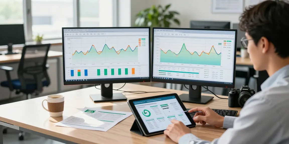 Energy analyst examining business electricity half hourly meter data in a bright office, showcasing energy efficiency.