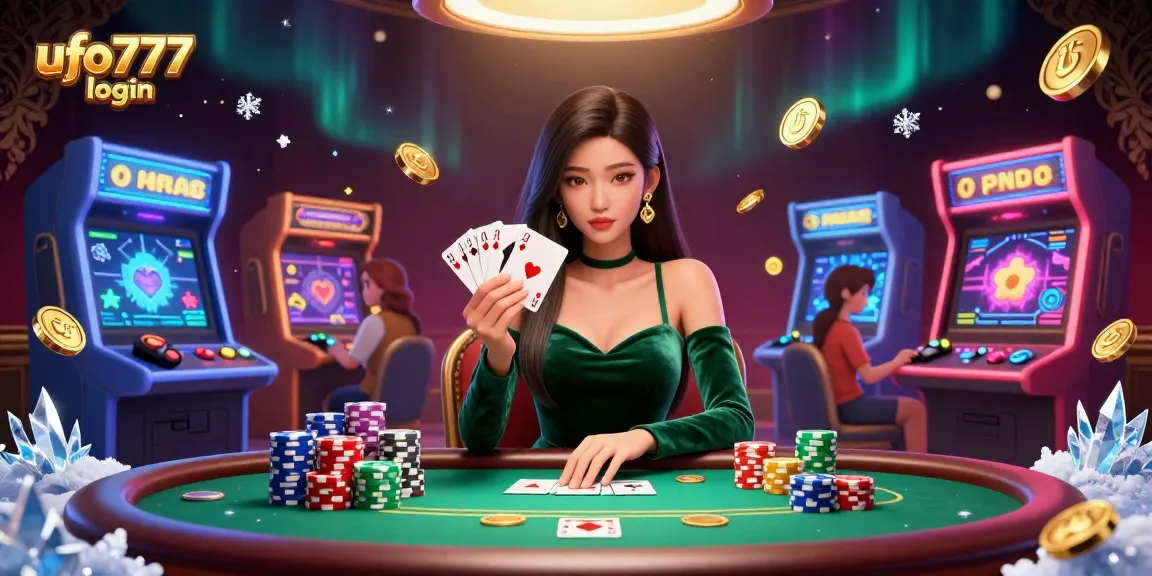 Experience ufo777 login for a vibrant digital casino scene featuring an elegant Asian woman at a poker table.