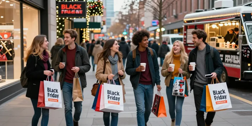 Scene di shopping all'aperto per il Black Friday Beta con amici festosi e borse piene di offerte.
