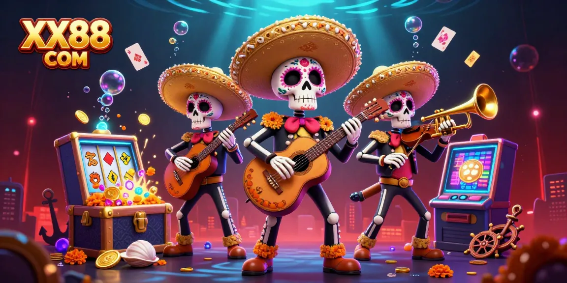 Play exciting games at XX88 COM with vibrant Day of the Dead themed casino illustration.