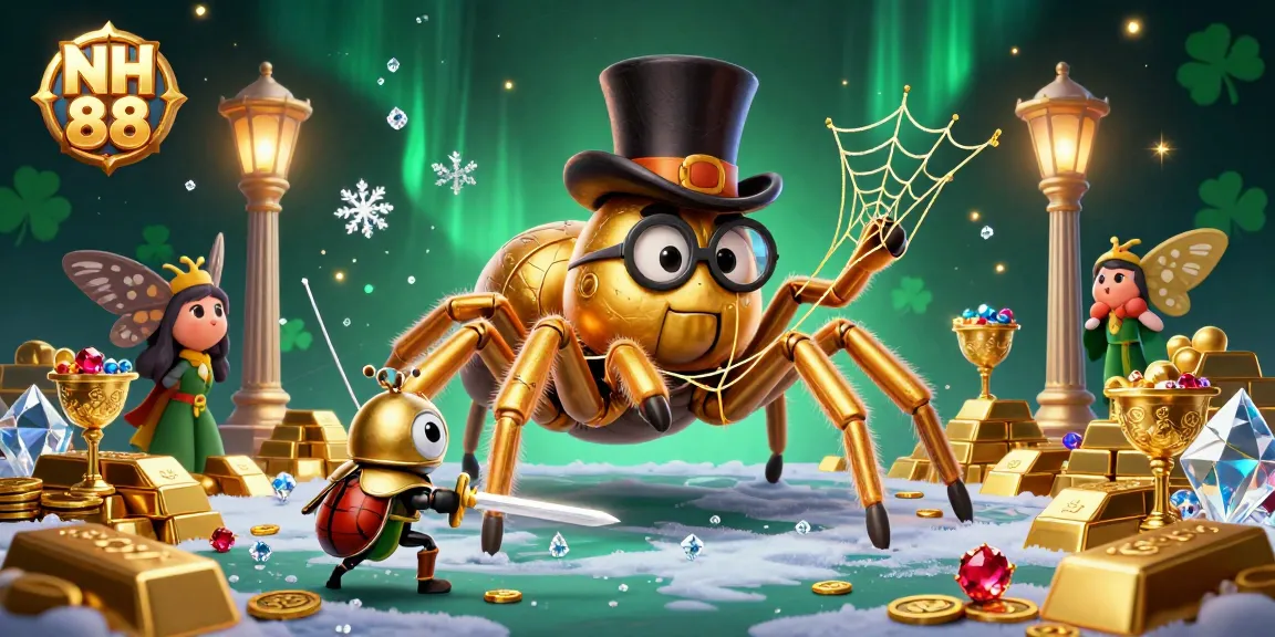 Experience the excitement at NH 88 with a vibrant 3D illustration featuring a golden tarantula and heroes in a casino setting.
