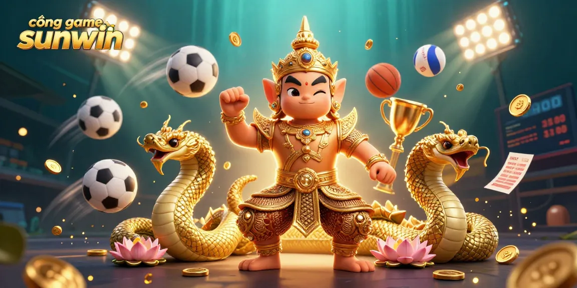 Engage with cổng game sunwin illustrated as an exciting casino scene featuring a golden guardian amidst sports elements.