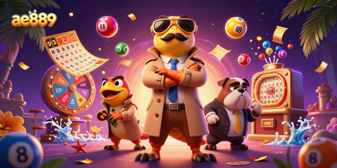 Experience ae889's vibrant gaming scene with three raptors in a trench coat entering a VIP lounge amidst lottery excitement.
