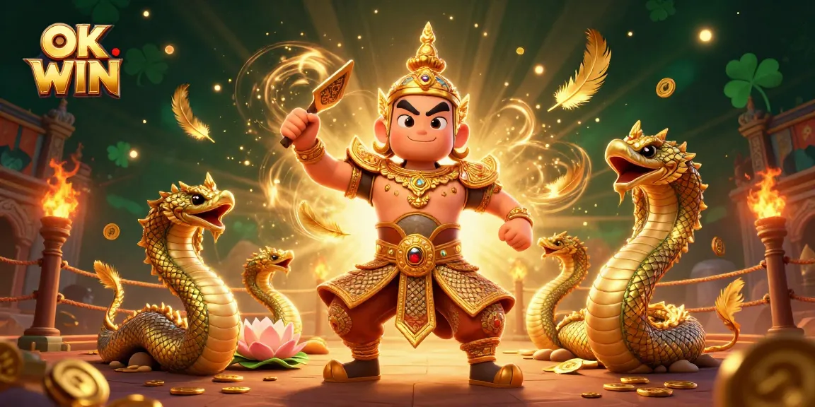 Experience the excitement of OK WIN with a vibrant casino scene featuring a majestic guardian and Naga companions.