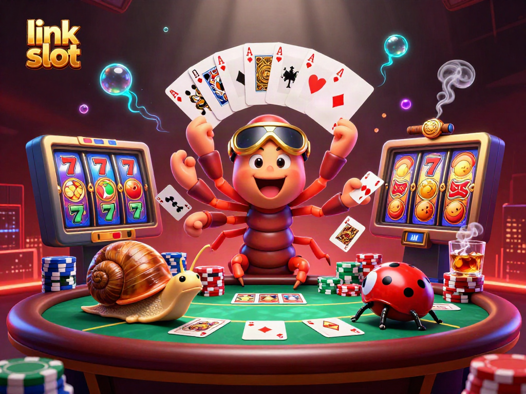 Experience thrilling link slot action as a millipede dealer and a snail high-roller in a vibrant casino scene.