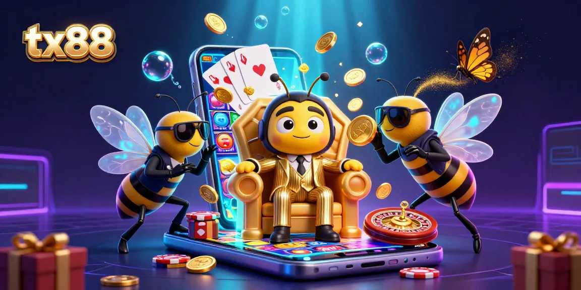 Experience the excitement of tx88 with a vibrant 3D casino scene featuring a bumblebee mob boss and gaming elements.